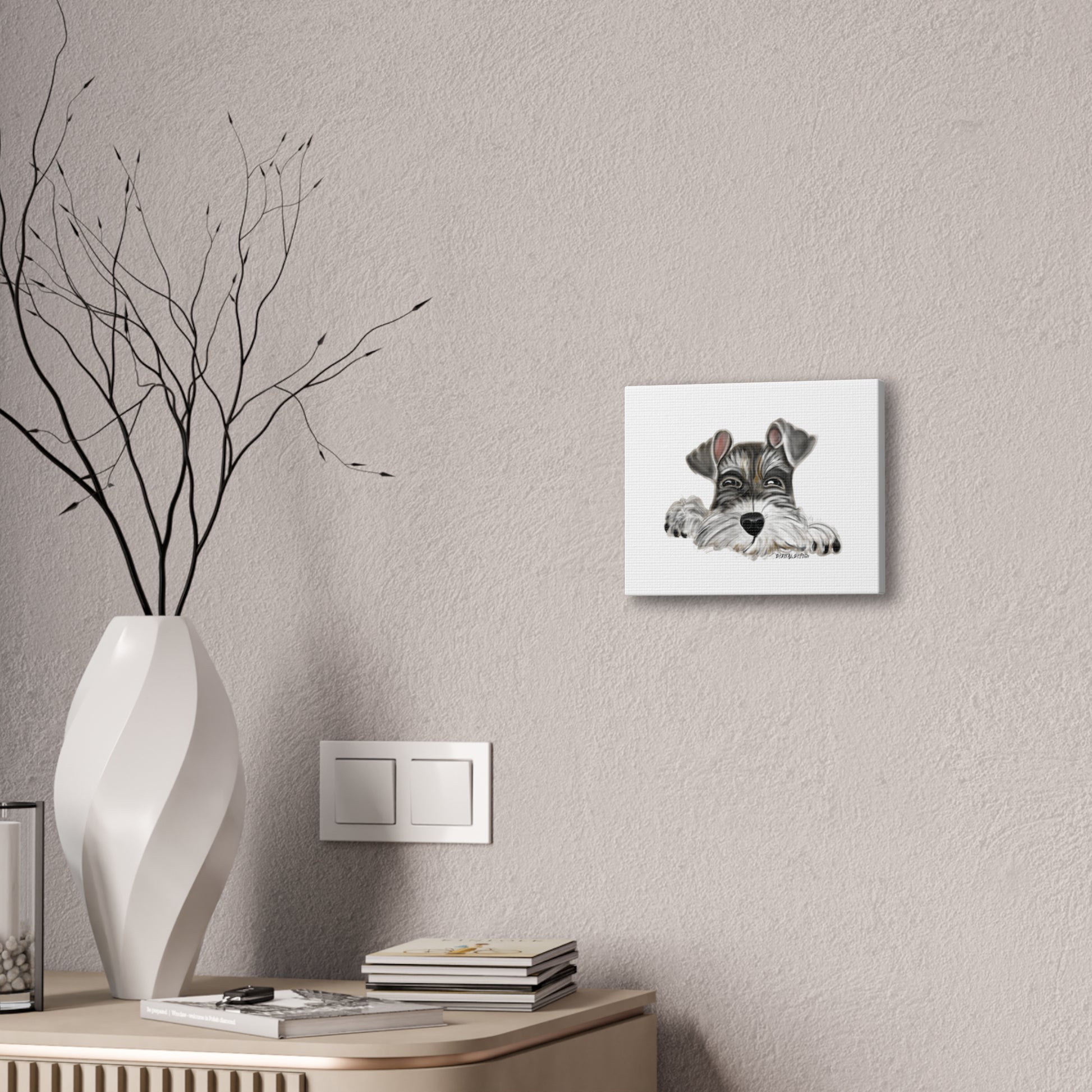 Schnauzer Dog on Canvas Stretched, 0.75" Hand drawn   8 x 10 - Debital Design 